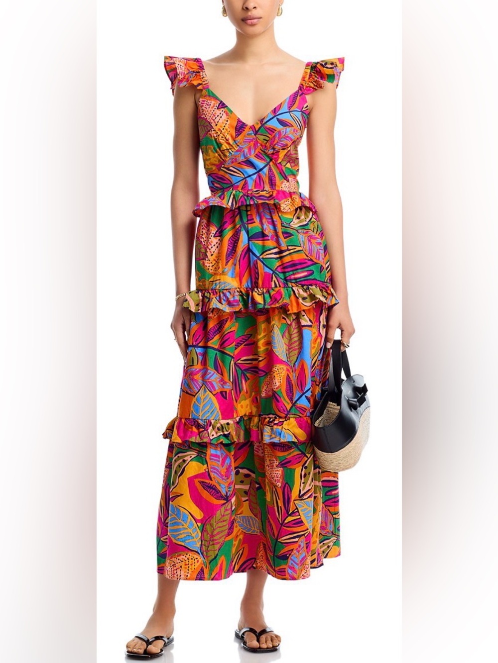 Aqua Vibrant Orange and Pink Leaf-Print Ruffled Maxi Dress